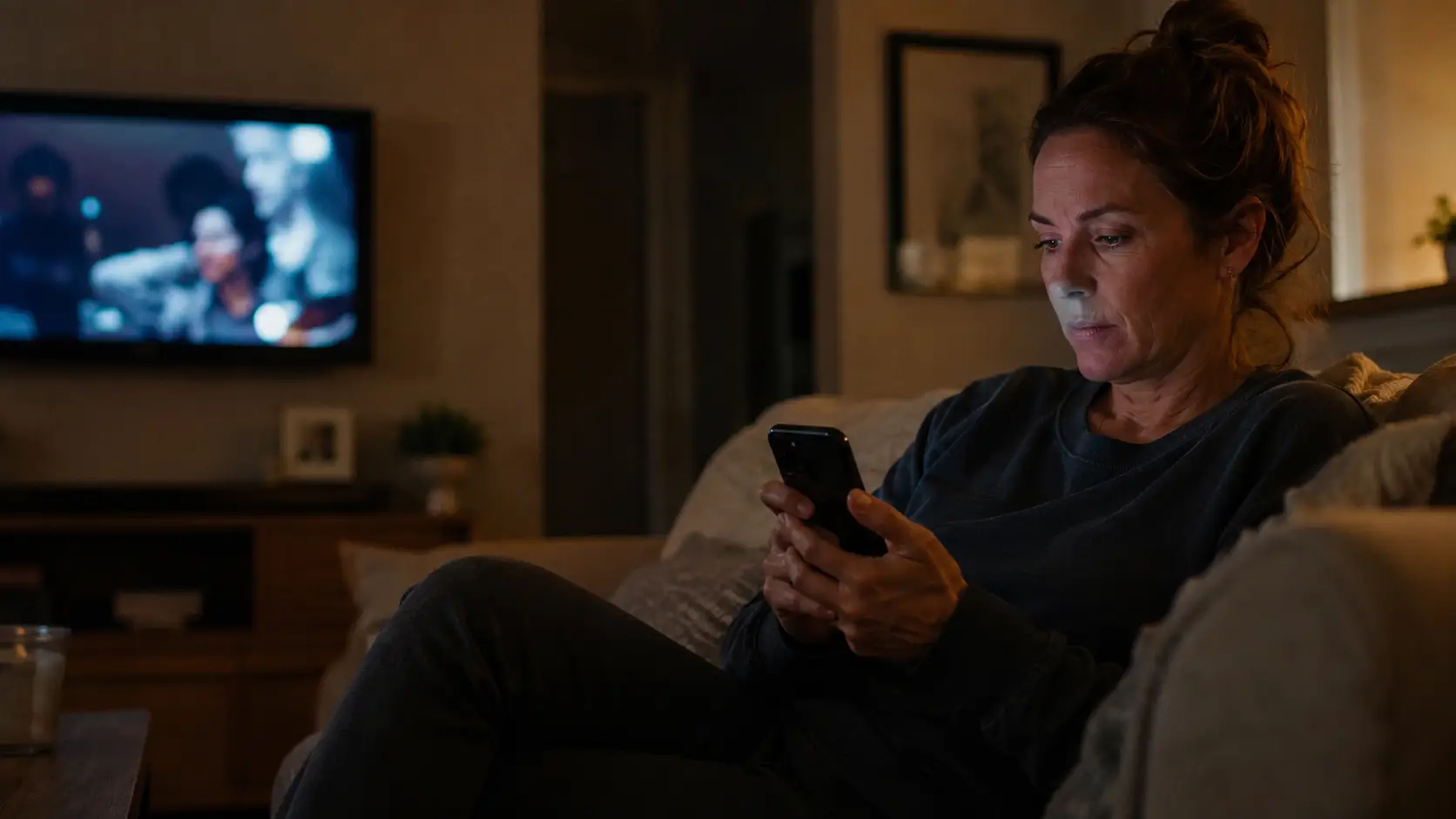 cleaning-business-taking-over-your-life A cleaning business owner texts a client from the couch at night, an example of a cleaning business taking over your life one evening at a time.