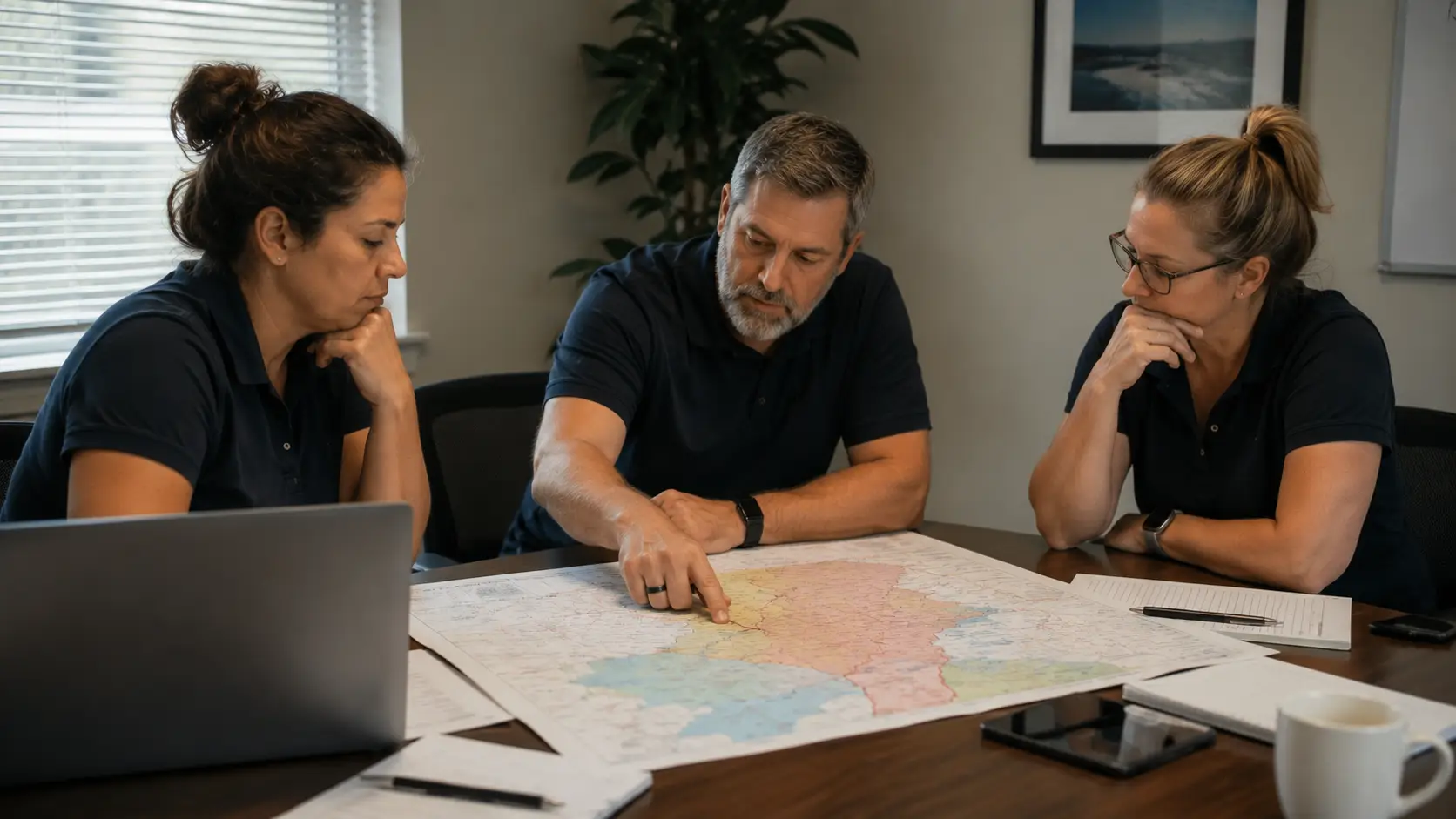 growth-that-keeps A small leadership team reviews a territory map, screening for growth that keeps instead of growth that just adds revenue.